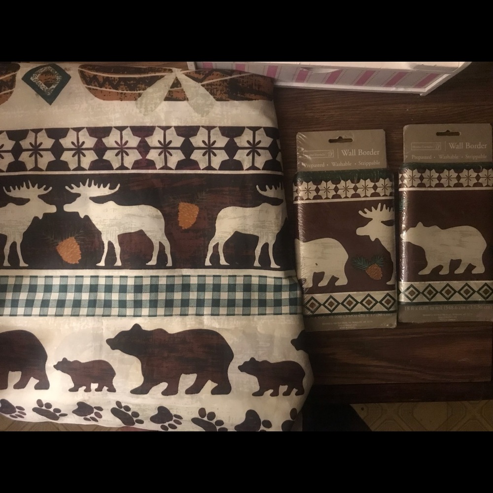 Matching wall border and shower curtain